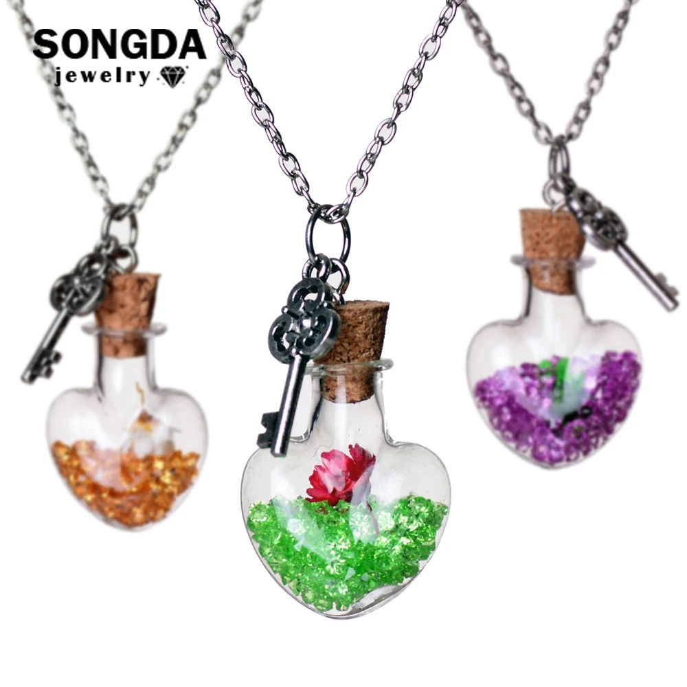

New Heart Shape Wishing Bottle Necklace Men Women Glass Key Dried Flower Lucky Crystal Stone Drift Bottle Chain Pendant Necklace