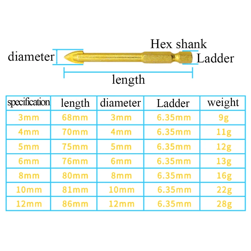 

3/4/5/6/8/10/12mm Titanium Coated Power Tools With Hex Shank Drill Accessories