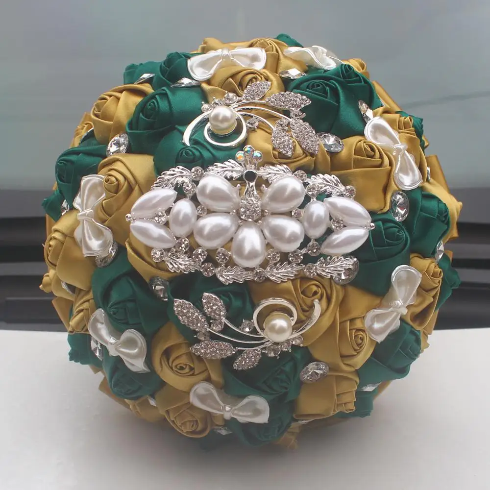 18cm gold dark green WifeLai-золотой с изумрудно-зеленый искусственная Роза невеста букет с бриллиантом ленты Букеты Свадебные украшения цветы W2913 - Цвет: 18cm gold dark green