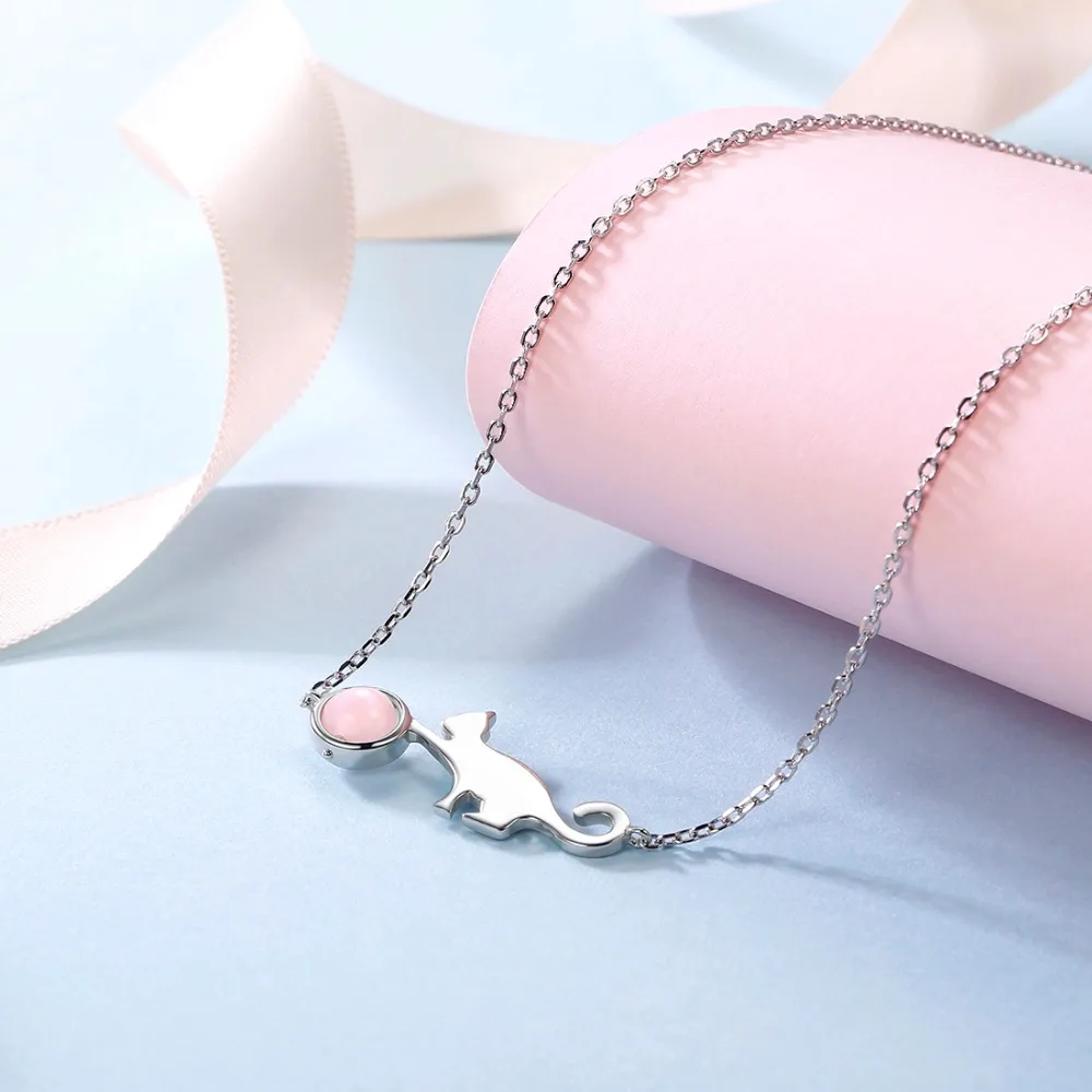 SILVERCUTE Cat Цепочки и ожерелья Для женщин с натуральный розовый кристалл 925 пробы