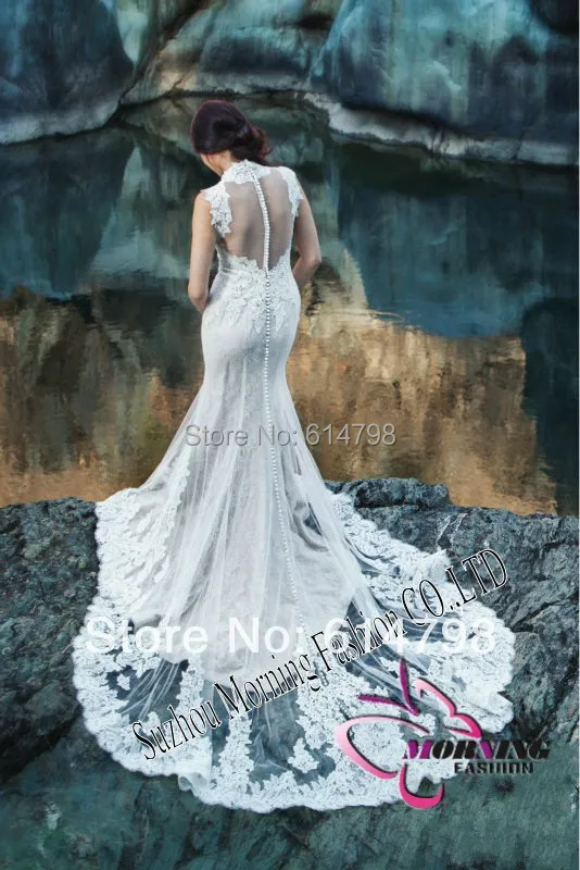 2014 Custom Sexy Sheer Back Queen Anne Neckline Lace Applique Tulle Bridal Gown /Wedding Dress New Collection | Свадьбы и торжества
