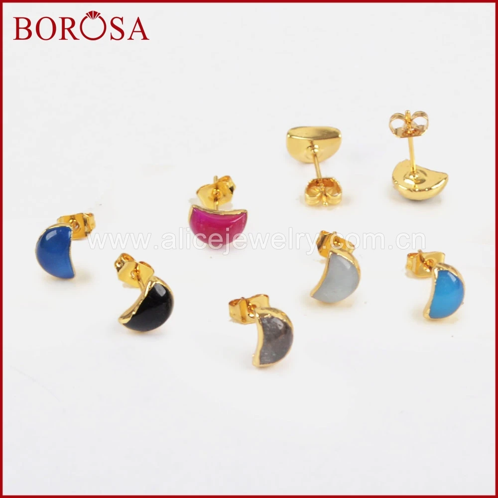 BOROSA Fashion Moon Shape Multi-kind Stone Faceted Stud Earrings 1pair Gold Color Crescent Druzy for Women G1297 | Украшения и
