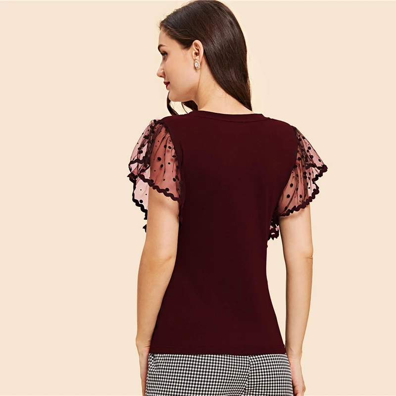 SHEIN винтажная Однотонная футболка в черный горошек с контрастным сетчатым рукавом и v-образным вырезом, женская летняя элегантная Однотонная футболка с коротким рукавом, топы