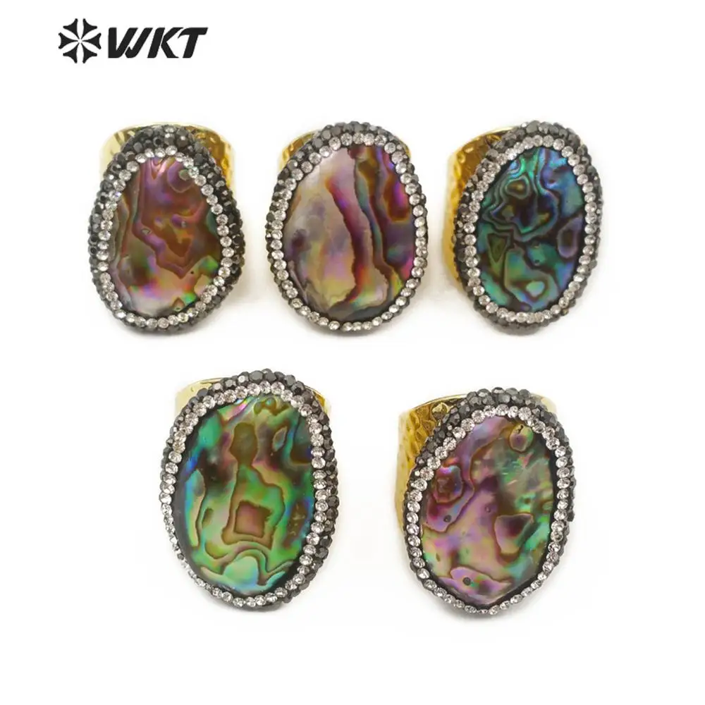WT-RR030 Abalone Shell Ring with Rhinestone Pave Beautiful Rainbow Color Natural Sea Adjustable For Women | Украшения и