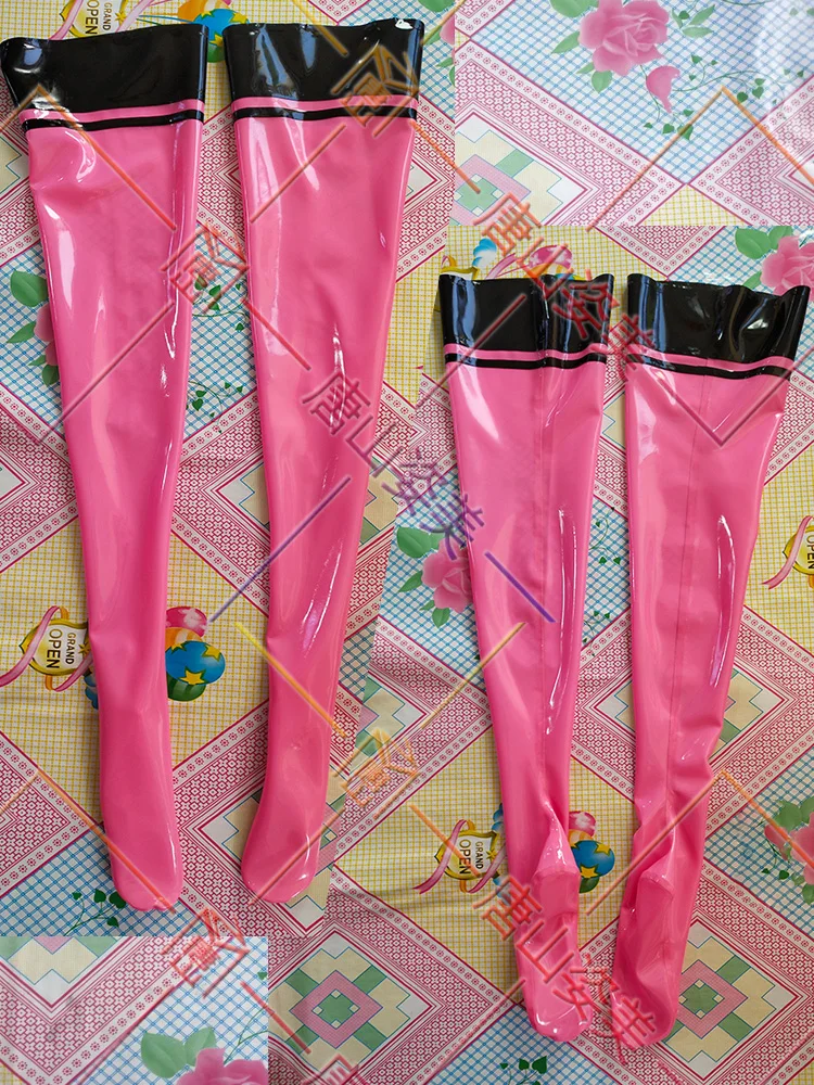 SEXY PINK LATEX THIGH HIGH STOCKINGS WITH BLACK TRIMS CUSTOMIZED |