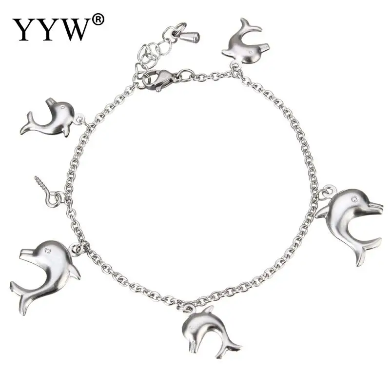 Women Mens Stainless Steel Jewelry Bracelet Dolphin Charm &amp Oval Chain Original Color Fit 7.3Inch | Украшения и аксессуары