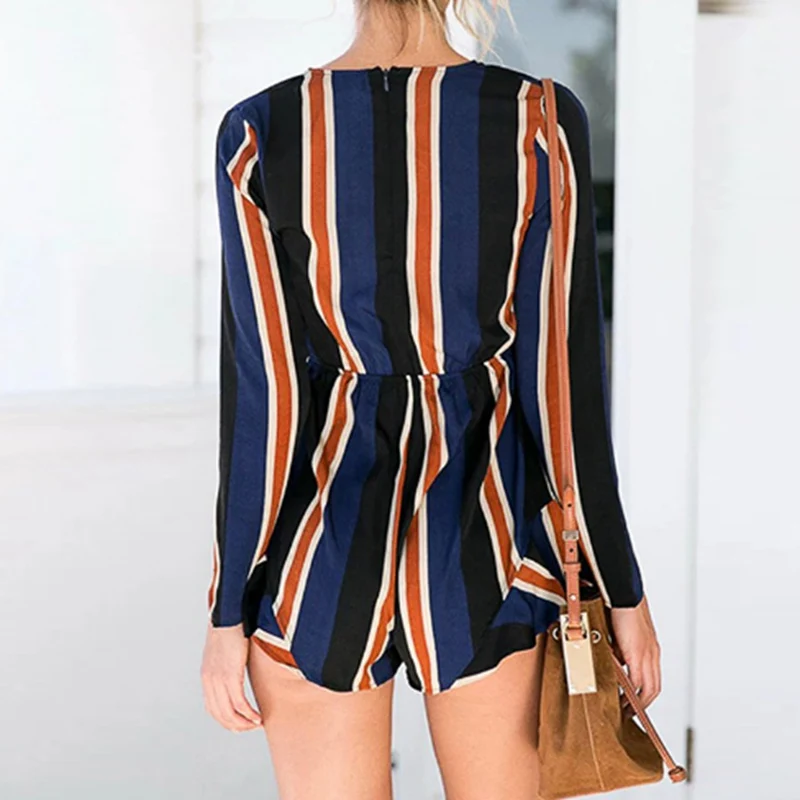 

Womens Jumpsuit Sexy Ladies Striped Bodysuit Rompers Bow Belt Deep V-Neck Long Sleeve Summer Fashion Party Jumpsuits Romper