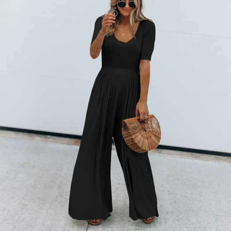 Комбинезон женский однотонный с коротким рукавом модная свободная одежда до