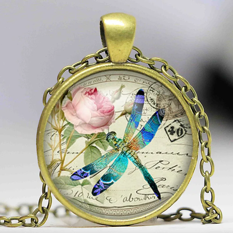 Бесплатная доставка кулон в виде синей Стрекозы с подвеской из розового стекла