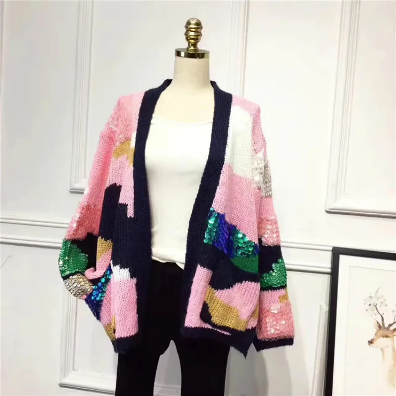 Женский трикотажный свитер с блестками длинным рукавом и карманами|runway sweater|cardigan
