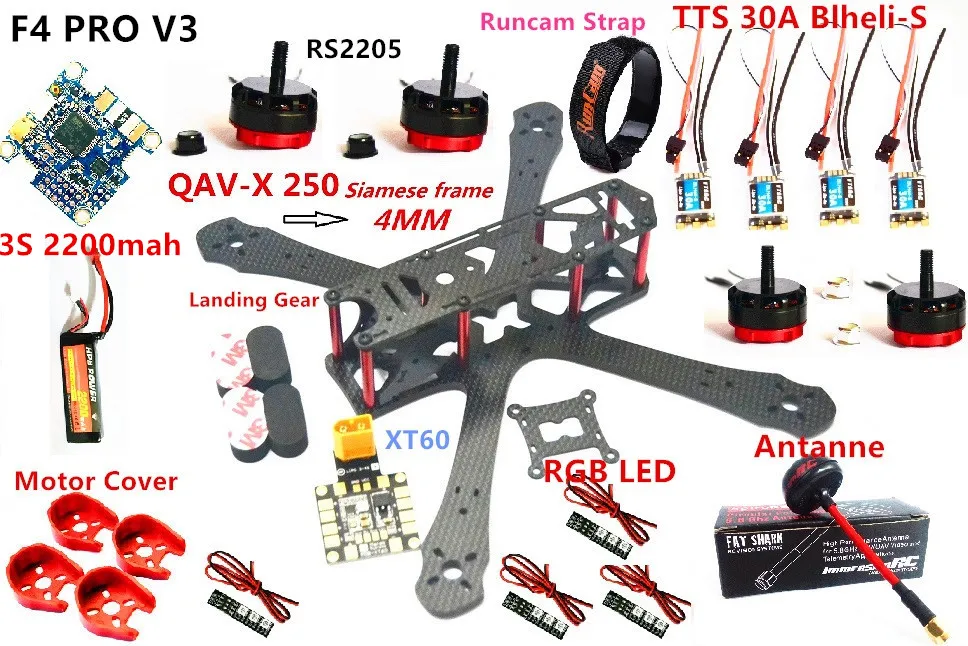 FPV QAV X 250 гоночная карбоновая сиамская рамка 214 F4 pro v3 2200mah rs2205 30A blheli s runcam 5045 TS5828 XT60