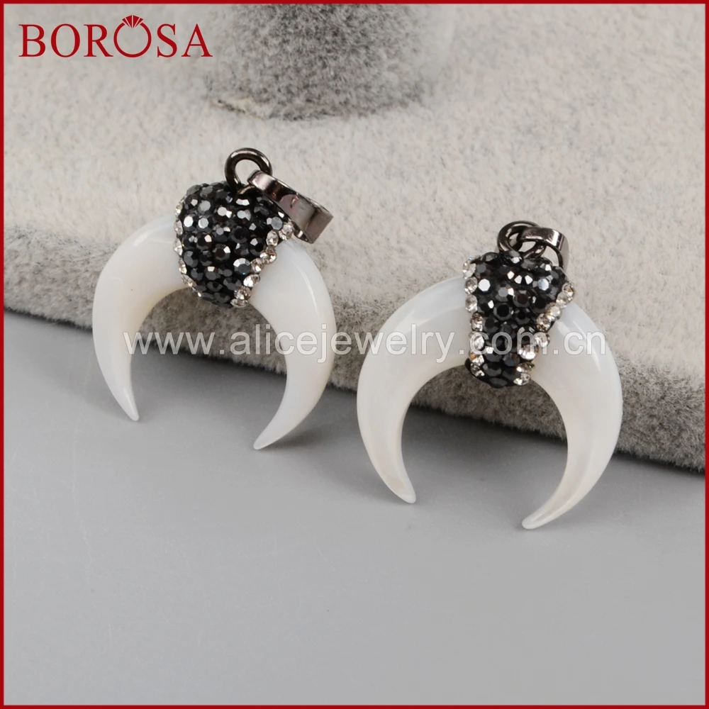 

BOROSA 20PCS Crescent Moon shape Natural White Shell Pendant Paved Zircon, Double Horn Jewelry Shell Pendant for Necklace JAB800