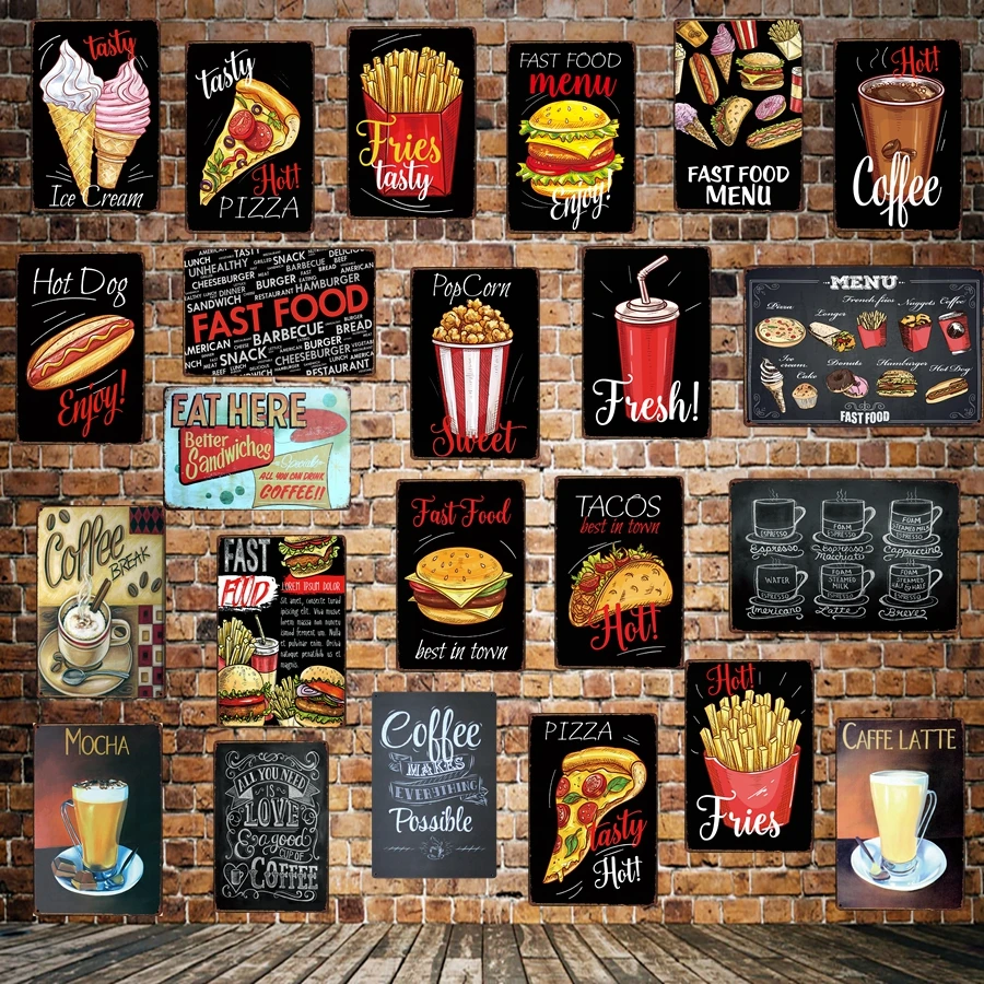 

[ WellCraft ] Fast Food Hot dog Ice Cream Pizza Coffee Metal Sign Wall Plate Pub bar Vintage Painting Personality Decor LT-1723