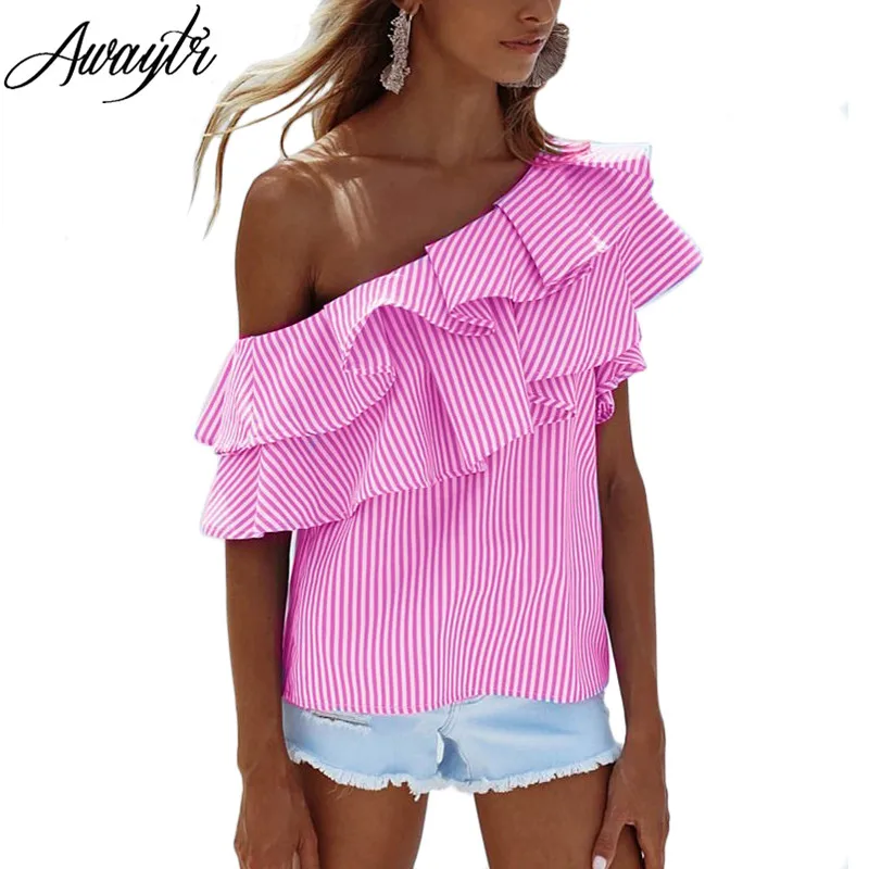 Женская блузка с оборками Awaytr повседневная розовая в полоску коротким рукавом