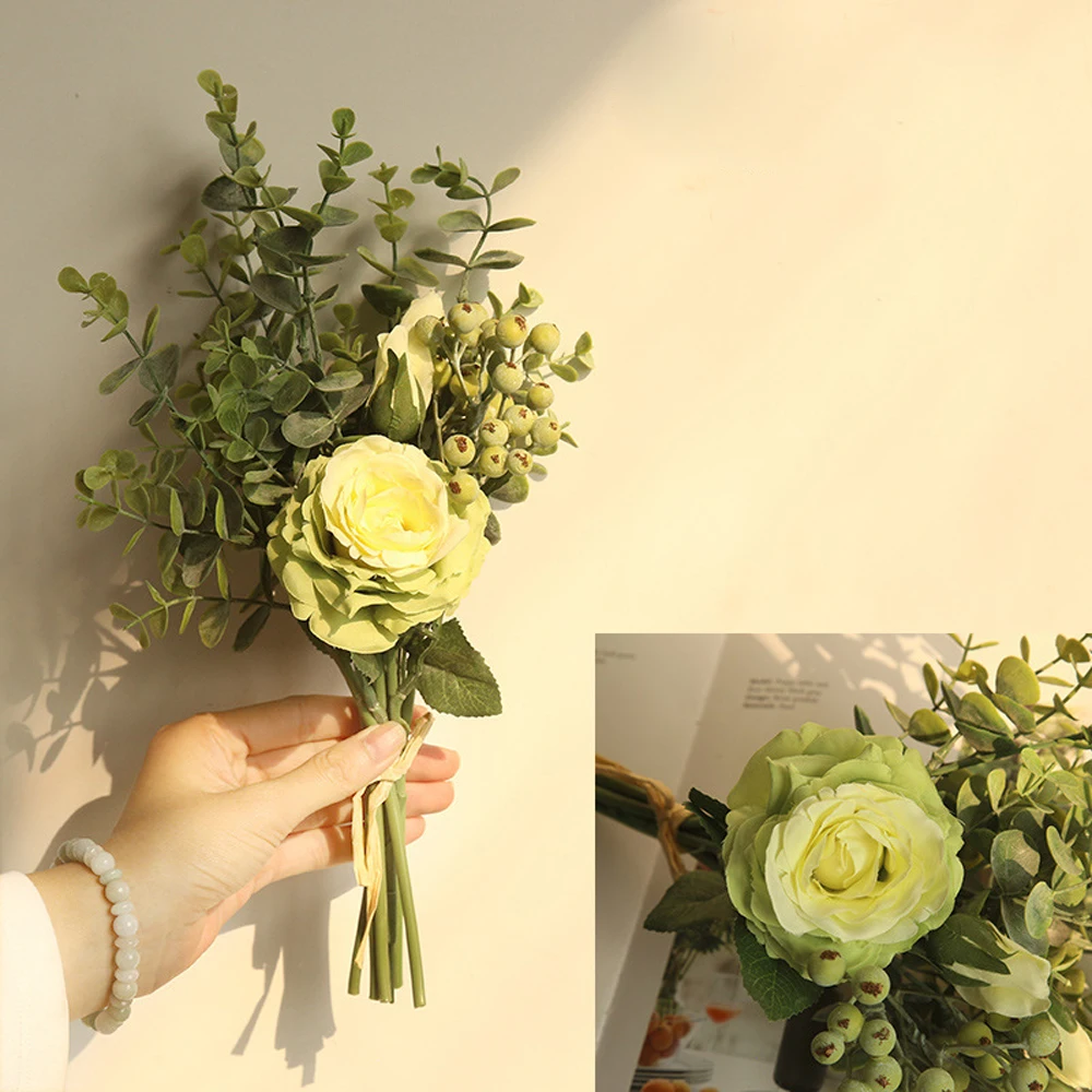 1 голова+ 2 бутоны/шт шелк DIY искусственная Роза ручной работы цветок эвкалипта Листья Свадебный букет Свадебный дом Декоративные искусственные цветы