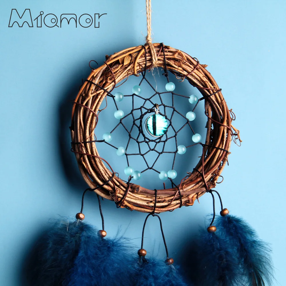 Кольцо из ротанга MIAMOR, Синий Ловец снов со злом и кошачьим глазом, домашний Настенный декор, подвеска для детской спальни, AMOR0101