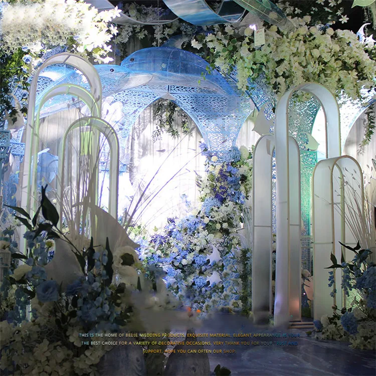 Wedding props wrought iron PVC wedding arch backdround arfificial flower stand road stage decor ornaments white pink gold frame