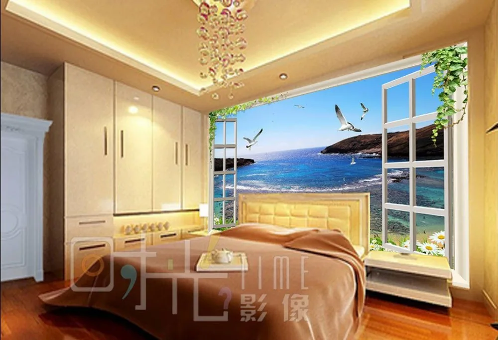 Пользовательские 3d обои окно цветы море фон декоративная живопись ванная