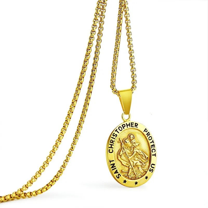 

Mens Saint Christopher Necklace Stainless Steel Gold Plated Catholic Patron St Medal Pendant Jewelry Traveler Medallion Necklace