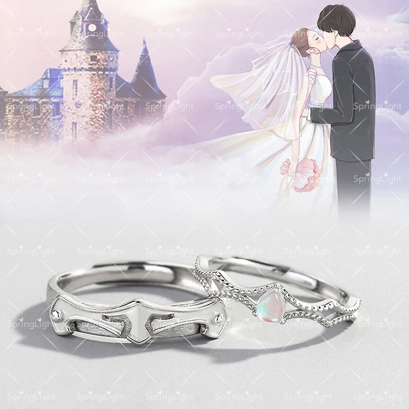 Pair Rings Весеннее кольцо с эмалью голубого неба Ван Гога, настоящее 925 пробы, Серебряное ювелирное изделие, 18 К золото, солнце, луна, звезда, пара колец для женщин - Цвет камня: Pair Rings