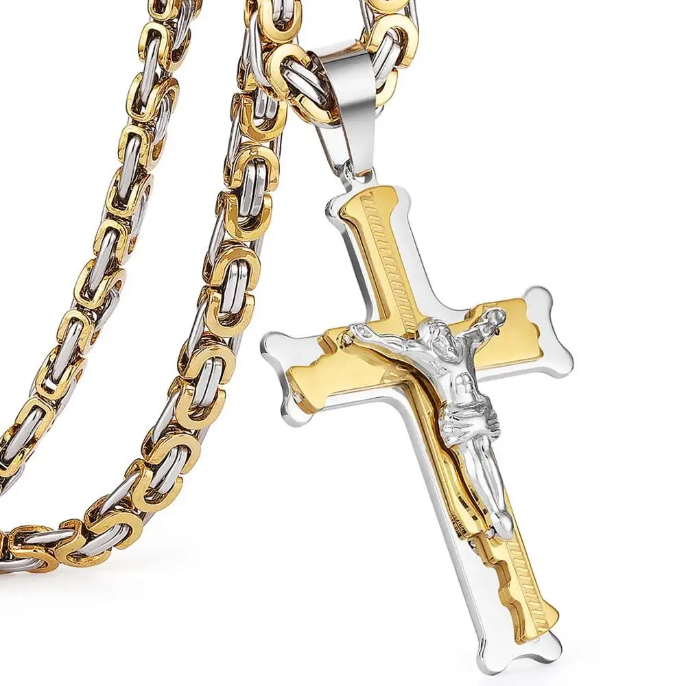 Gold Silver Tone Ожерелье из нержавеющей стали с подвеской в виде рождественского Креста Иисуса, византийская цепочка, золотое, серебряное ожерелье для мужчин 21,6" 6 мм MN50 - Окраска металла: Gold Silver Tone