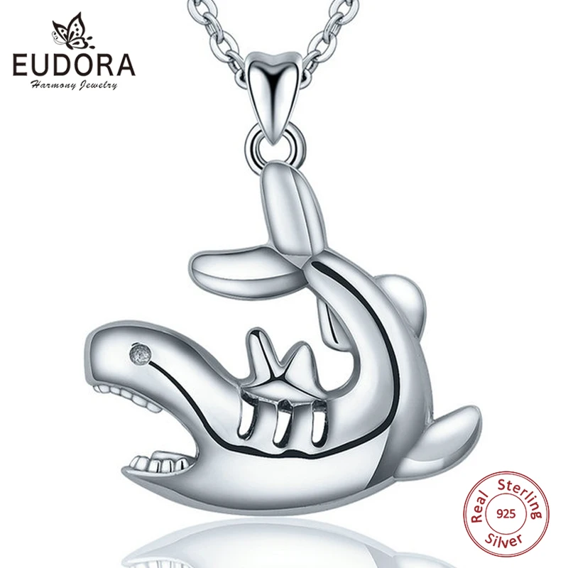 Ожерелье EUDORA из серебра 100% пробы с кулоном в виде мегалодона Волшебные животные