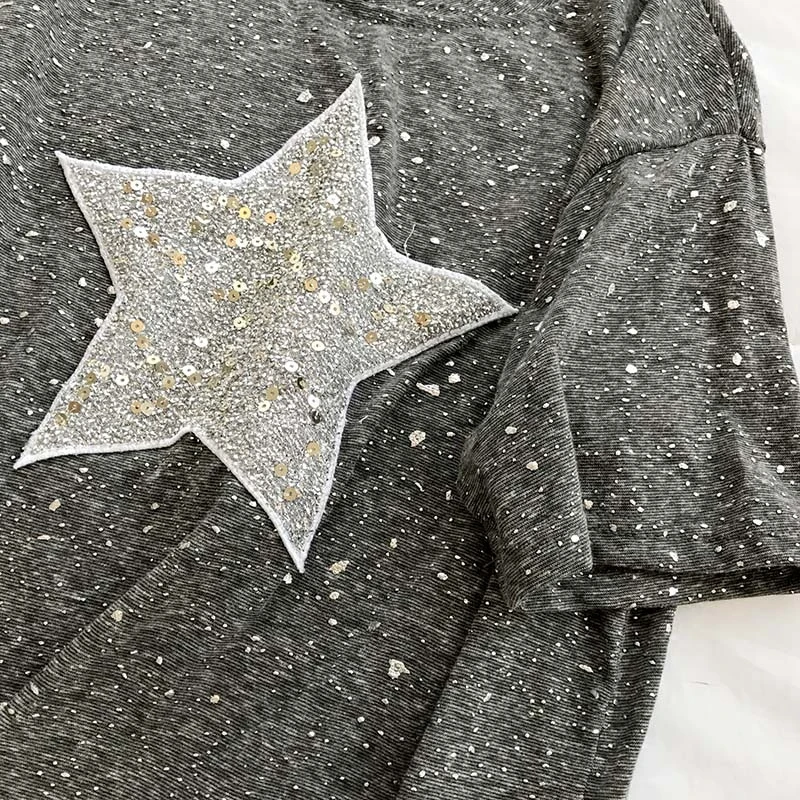 Shine star, женские футболки, лето, новинка, круглый вырез, короткий рукав, свободный, серый, расшитый блестками Топ, футболки, модная женская верхняя одежда, топы