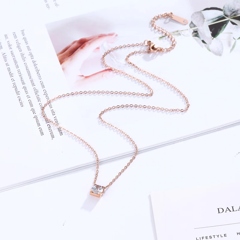 Beautiful Titanium Steel Rose Gold Square Inlay Shiny Crystal Pendant Necklace Love Jewelry Gift Woman Wholesale | Украшения и
