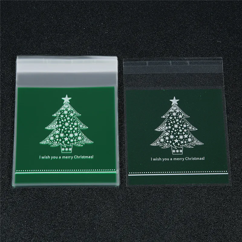 

Sauvoo 100pcs/lot 10x10+3cm Christmas Tree Pattern Merry Christmas Self Adhesive Seal Cookie Food Bag Packaging Plastic OPP Bag