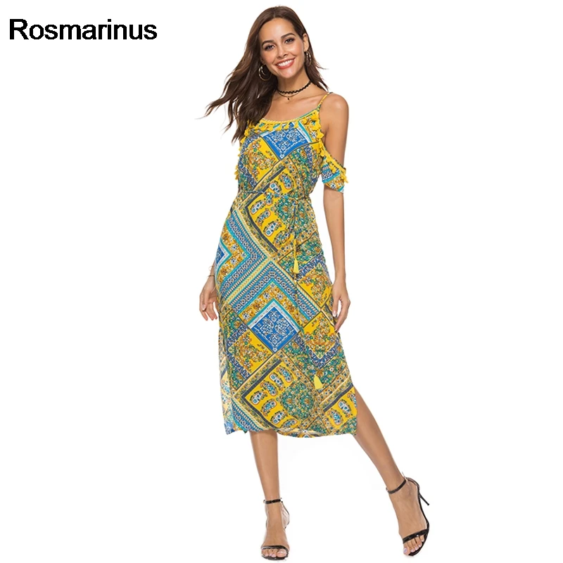 Rosmarinus Boho пляжное платье желтого цвета с ретро принтом винтажное богемное Платье