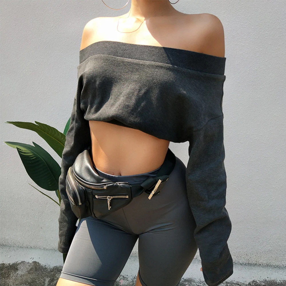 Women's Sexy Off Shoulder Blouses Long-sleeved Sweatshirt Loose Pullover Casual Bare Midriff Crop Top Midrimidriff-Baring Cloth | Спорт и