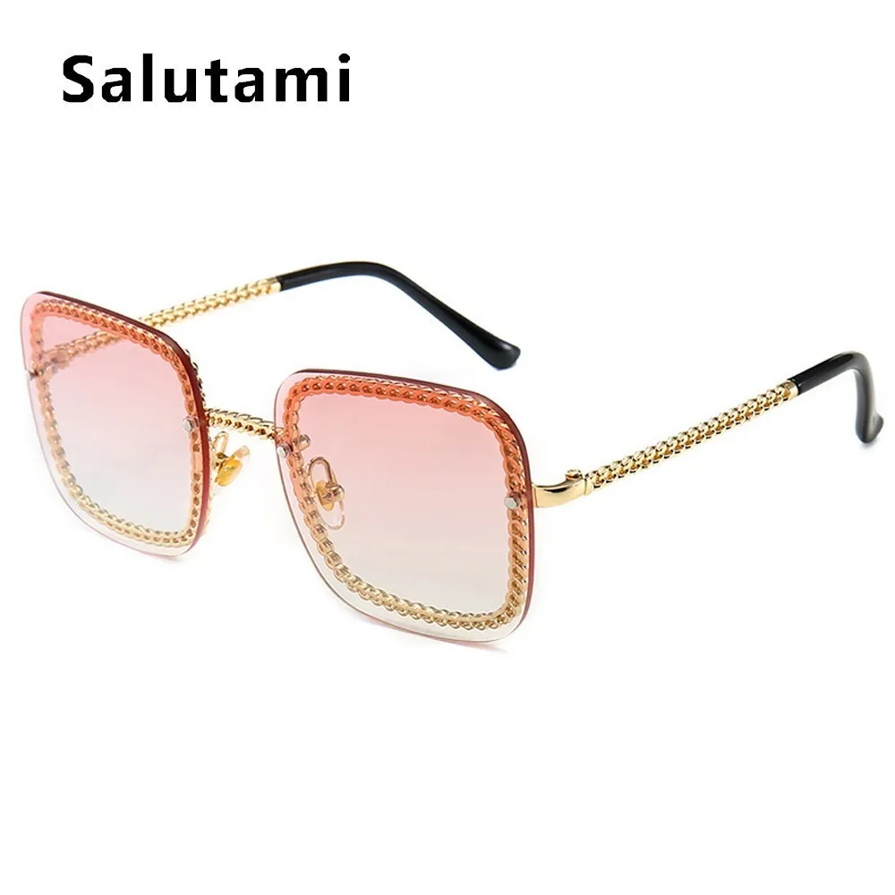 gold double pink Оправа с цепочкой из сплава, квадратные солнцезащитные очки для женщин, роскошные брендовые солнцезащитные очки без оправы Vinatge, большие прозрачные оттенки(без цепи - Цвет линз: gold double pink