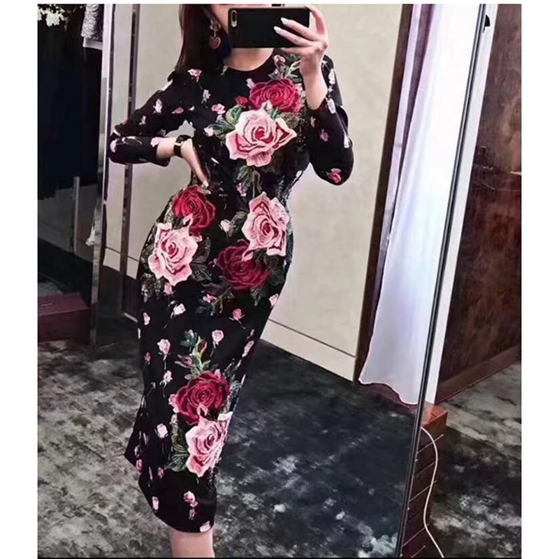 Summer Vintage Black Floral Embroidery Long Dress Women 2019 Runway Sleeve Sexy Evening Party Club Dresses Bodycon Clothes | Женская