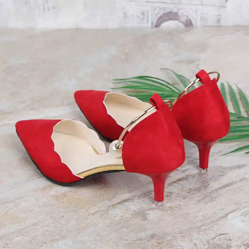 169 Red 5CM Женские туфли-лодочки; Новое поступление года; женская обувь на высоком каблуке с острым закрытым носком; женская свадебная обувь с кружевом и бисером - Цвет: 169 Red 5CM