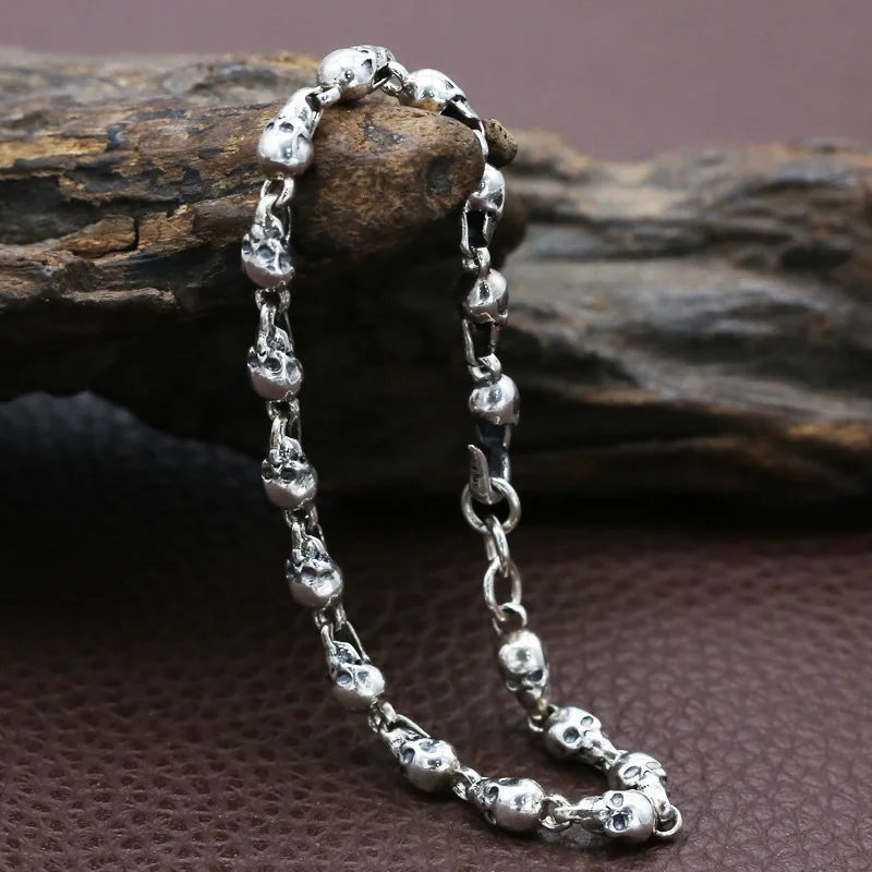 

FNJ Punk Skull Bracelet 925 Silver Width 5mm about 18cm 20cm Original Pure S925 Thai Silver Bracelets for Women Men Jewelry