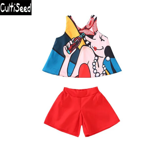 

Big Girls Summer Sleeveless Vest Chiffon Sets Clothing Teenage Children Print Vest+Shorts 2pcs Sets Kids Party Suits Clothes