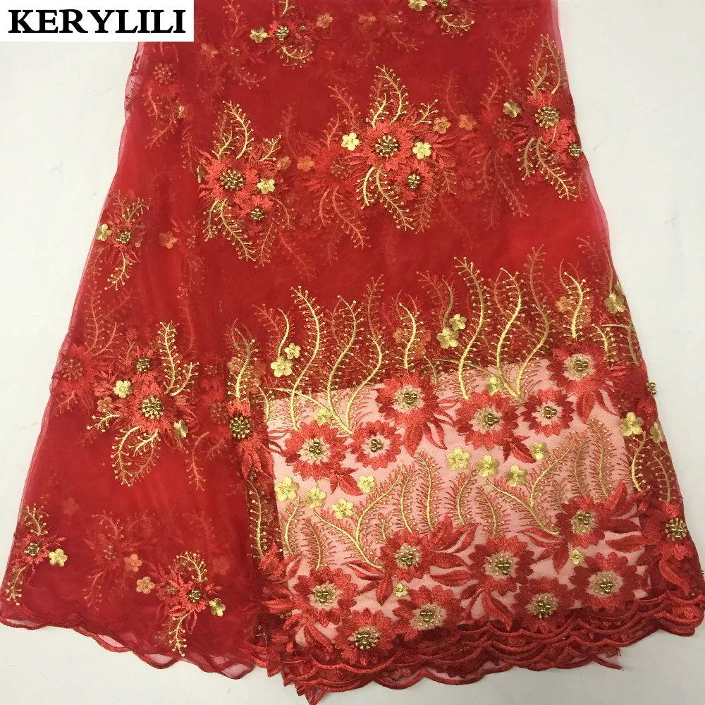 KER YILI синяя красная швейцарская вуаль кружевная ткань африканская золотая линия