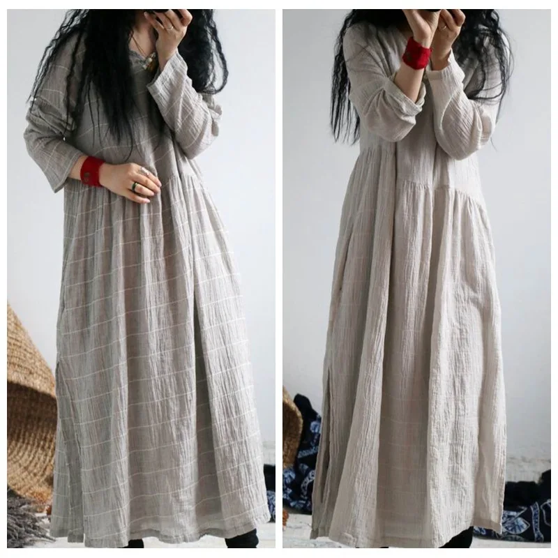 Женское льняное платье с длинным рукавом V образным вырезом|linen dress|sleeve dressdresses retro |