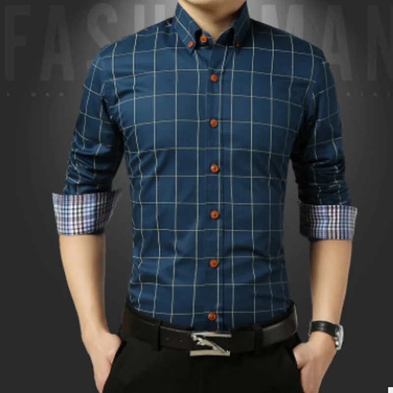 Модная брендовая мужская одежда Slim Fit для мужчин рубашка с длинными рукавами