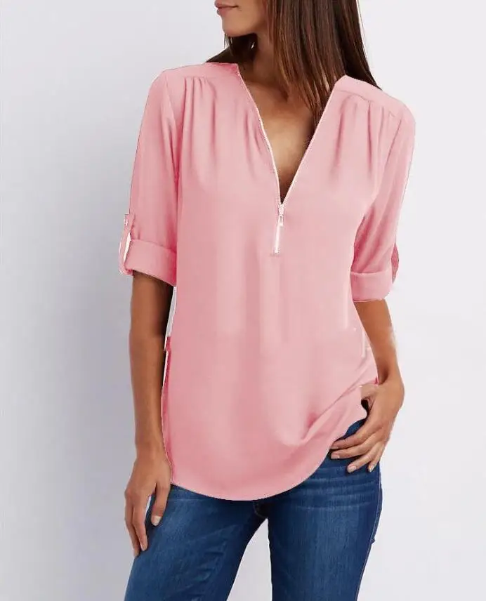 9 Blusas mujer de moda, рубашка с длинным рукавом и v-образным вырезом, Элегантная блузка, шифоновая Женская Коллекция nouvelle, с украшением на молнии - Цвет: 9