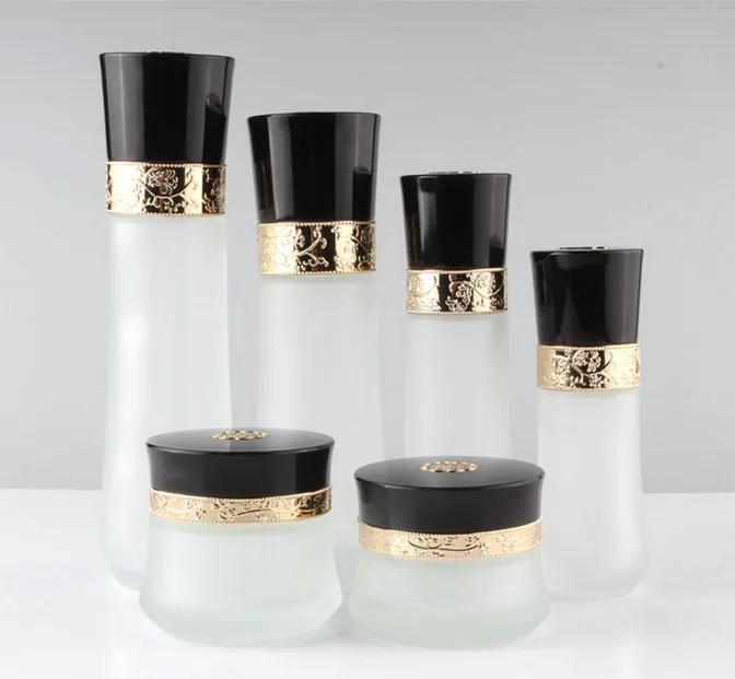 1 SET 6 PCS 10 шт., элегантная бутылка для лосьона из матового стекла, Высококачественная баночка с кремом для лица с черной крышкой, Яркий Золотой резной узор - Цвет: 1 SET 6 PCS