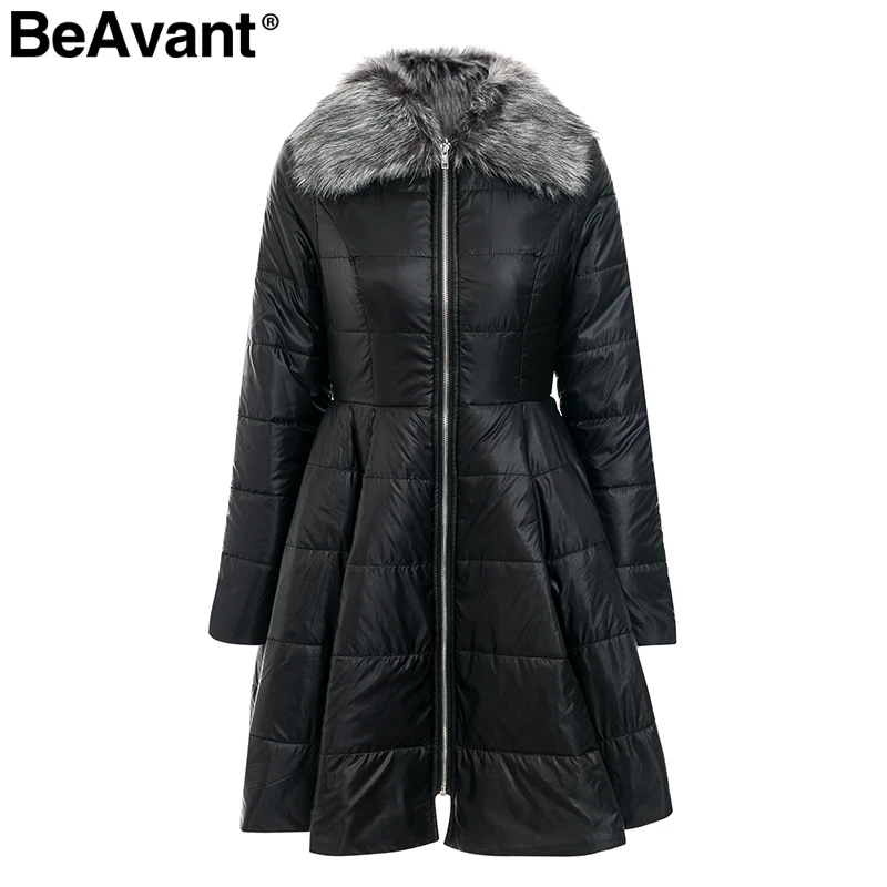 BeAvant, парка с меховым воротником, Женское пальто, элегантное, большое, с подкладкой, длинное, зимнее пальто, с баской, с карманами, пальто, повседневная верхняя одежда - Цвет: Черный