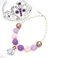 1set girls lovely princess sofia charm purple amulet baby chunky bubblegum necklaces sofia tiara crown hair clip headwearjewelry