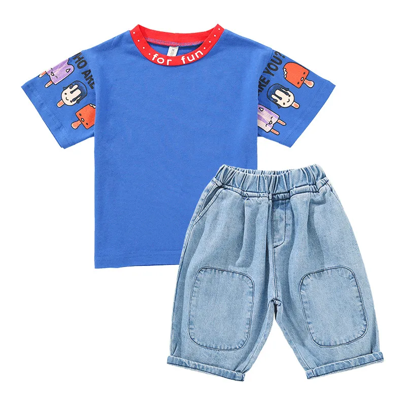 Фото Новая одежда для мальчиков весна-лето 2019 хлопковая Футболка + джинсовые шорты