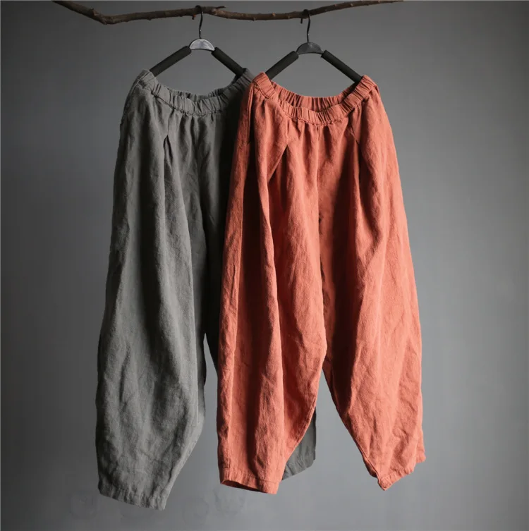 Женские льняные шаровары ORIGOODS однотонные хлопковые с эластичным поясом