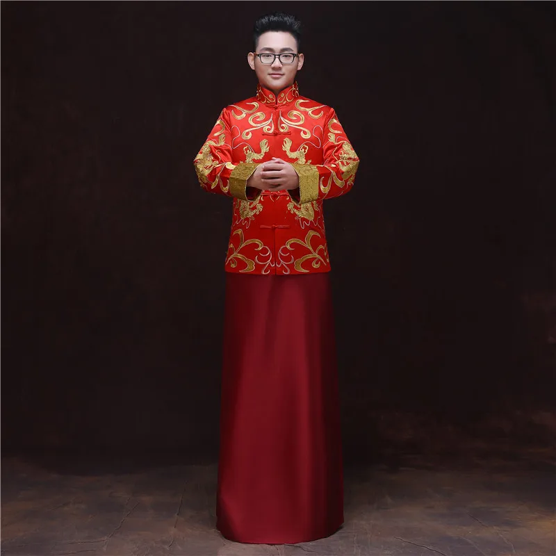 Костюмы для жениха свадьбы тостов мужской красный cheongsam китайский стиль платье