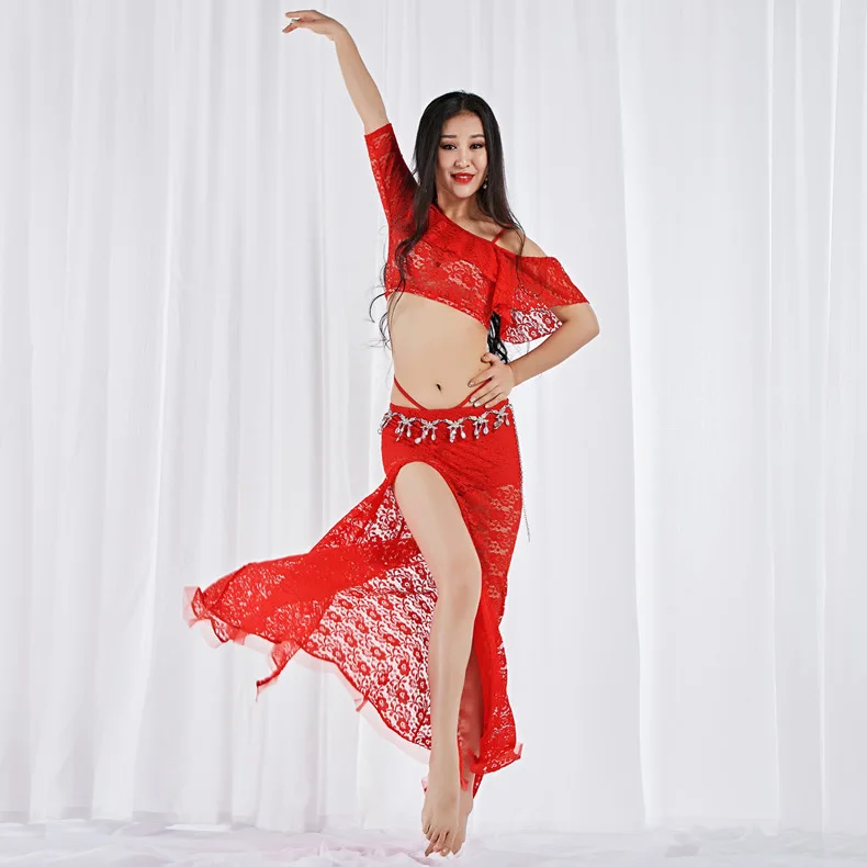 2 Pieces Women Belly Dance Costume Lace Top Long Skirt Sexy Outfits Dancewear Elastic Off shoulder Dancing Clothes Dancer Wear