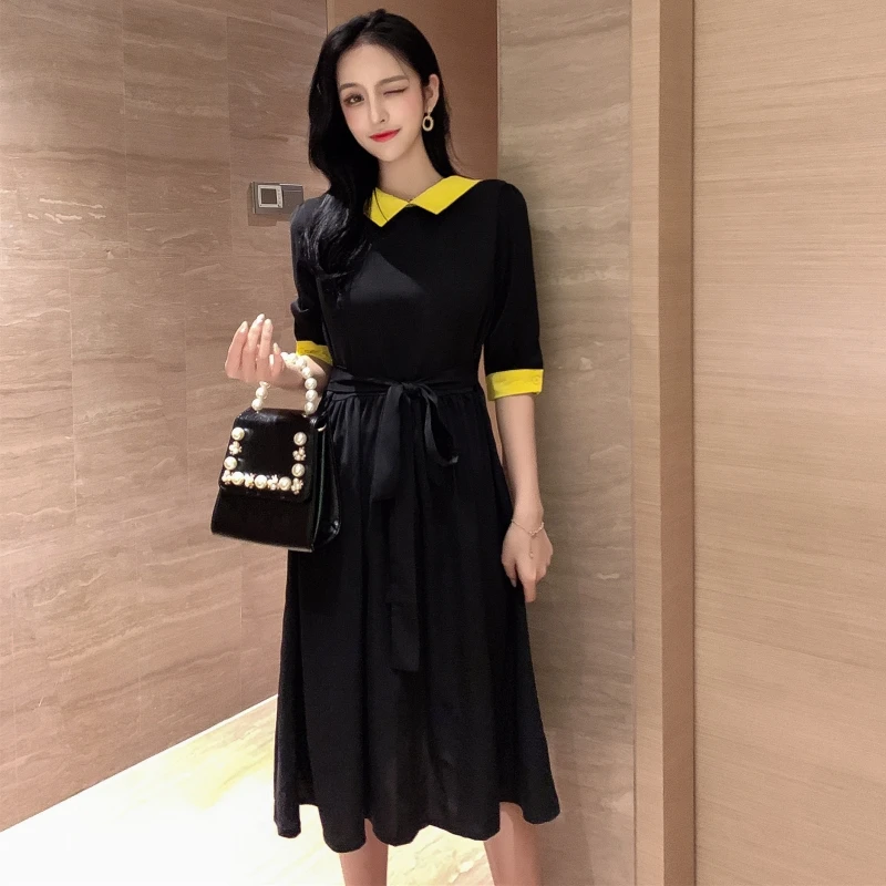 2019 летняя модная женская одежда пэчворк Turn Down Воротник Кнопка платье с рукавом до