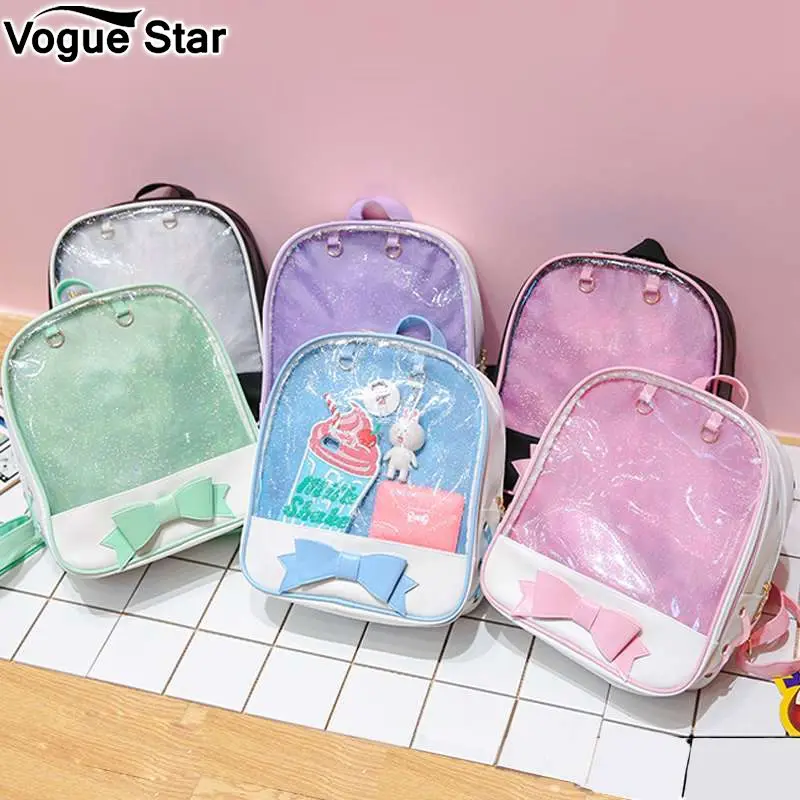 

Clear Transparent Women Backpack Cute Bow Ita Bags For School Mini Pink Black Schoolbags For Teenage Girls Fashion Bookbag M276