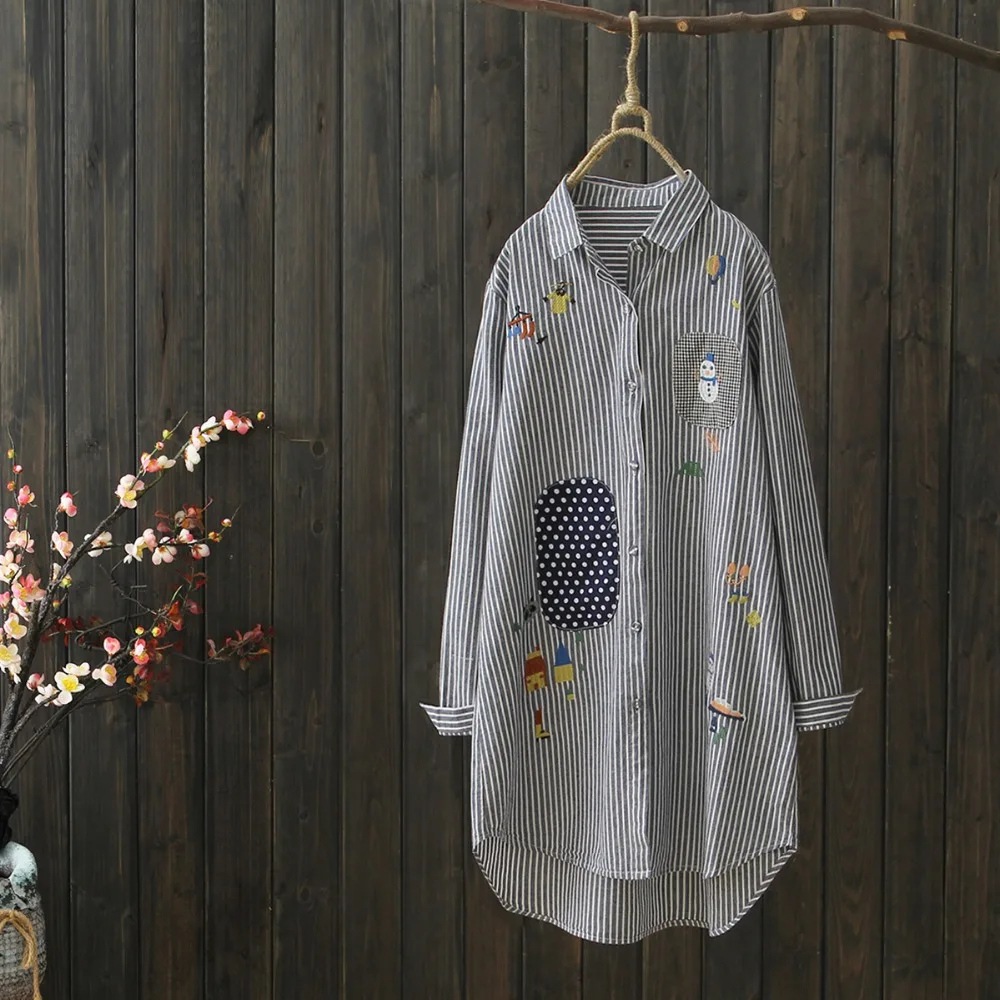

New style spring and Autumn women tops long blouse cotton linen shirt embroidered Snowman loose stripe camisa